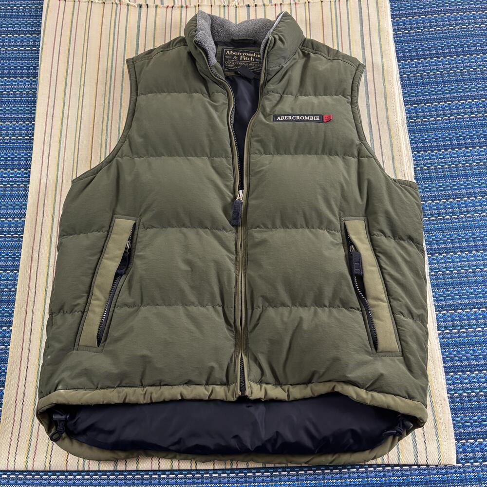 Vintage Abercrombie & Fitch Vest Mens Large Green Goose Down Puffer Full Zip EUC
